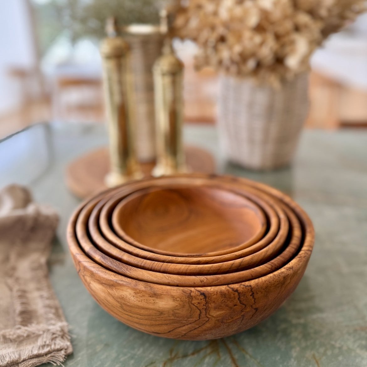 Handcrafted Teak Bowl Set – Nesting Design, 5 Piece