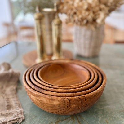 Handcrafted Teak Bowl Set – Nesting Design, 5 Piece