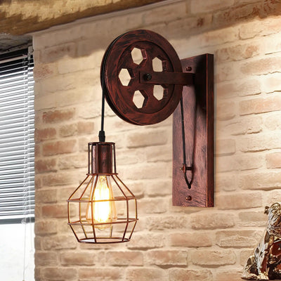 Vintage Wall Lamp with Pulley - Retro Industrial LED Sconce