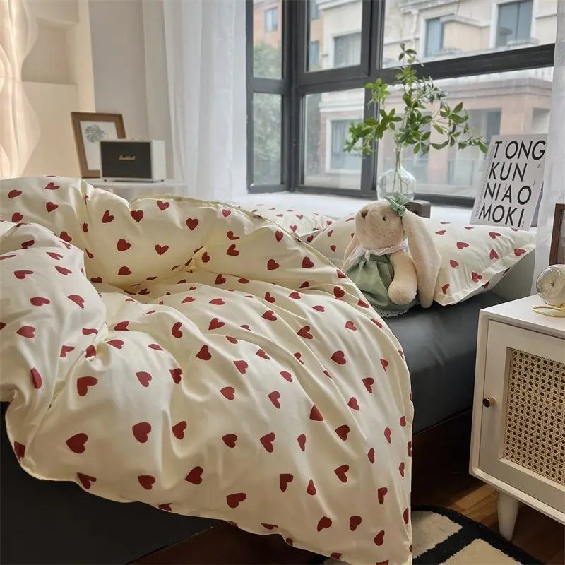 Heart / Cherry Print Bedding Set Duvet Cover Bed Sheets & Pillowcases