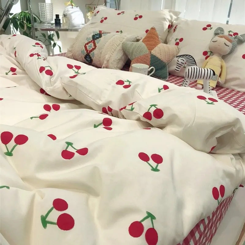 Heart / Cherry Print Bedding Set Duvet Cover Bed Sheets & Pillowcases
