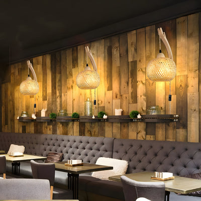 Hand Woven Bamboo Lantern Wall Lamp for Rustic Decor