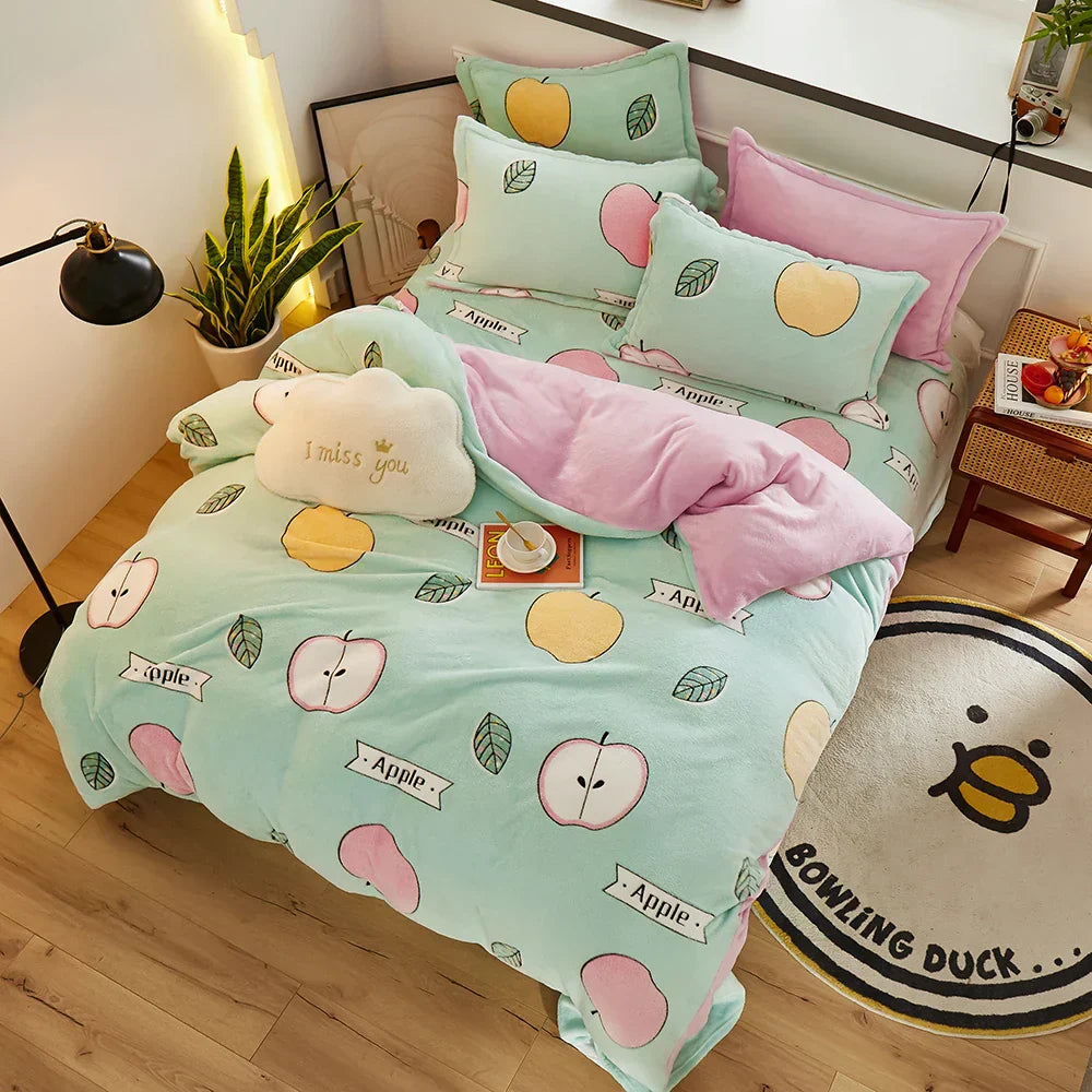 Thick Fleece Warm Flannel Winter Duvet Cover Set