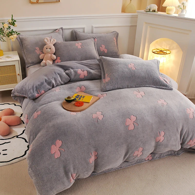 Thick Fleece Warm Flannel Winter Duvet Cover Set